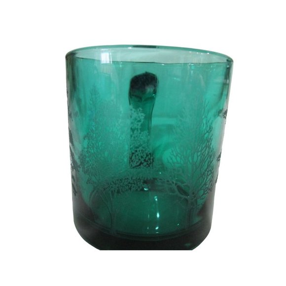 Vintage Emerald Green Glass Mug Etched Trees USA Made EUC - Picture 2 of 16